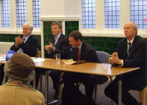 From left, Mark Lazarowicz, Peter McMahon, Sadie (under the table), David Blunkett, Malcolm Chisholm