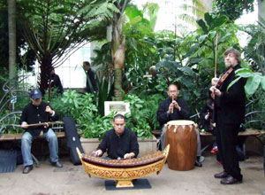 Three seated musicians and a standing guitarist in a stone slabbed area surrounded by tropical vegetation