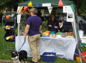 Stall with a man and a collie in front with various dog training aids