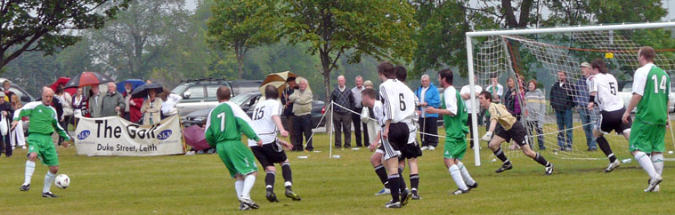 Hibs Legends lining up an attack on  Leith Athletic's goal