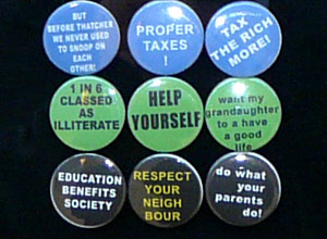 Three rows of three badges with slogans