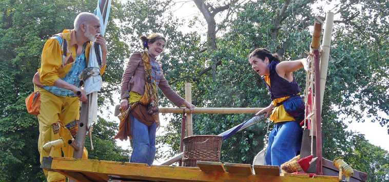 Startled woman on the platform atop the fisheman's boat as the fisheman and the traveler gaze at her