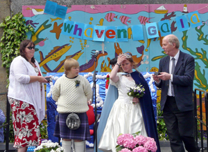 Headteacher Laura Thomson, Fisher King Lewis, Gala  Queen Courtney (in white gown and blue cloak,) and Malcolm Chisholm