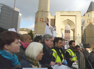 A Tory woman, Jenny Dawe, Iain Gray, Aamer Anwar, Kenny MacAskill and Osama Saeed outside Edinburgh Central Mosque