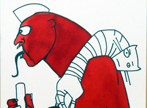 Red demon like figure with a striped cat on his shoulder