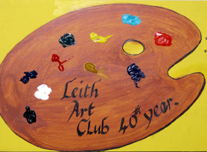 Painting of a pallet on a yellow background with the words "Leith Art Club 40th year"