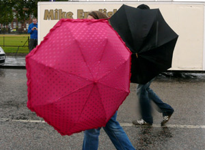 Two women behind twirled umbrellas