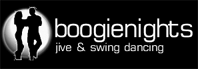 Boogie Nights logo. Dancing couple, silhouetted white on a black background